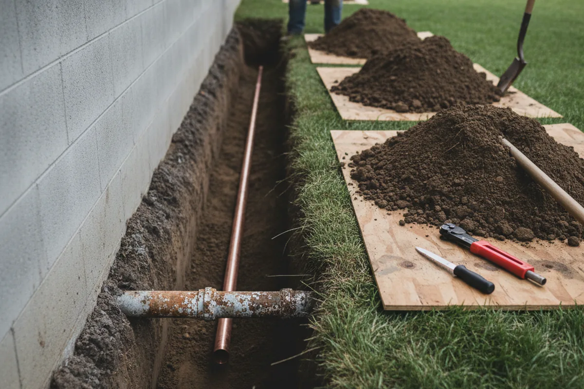Excavated water line trench during Water Softener Installation in Ithaca
